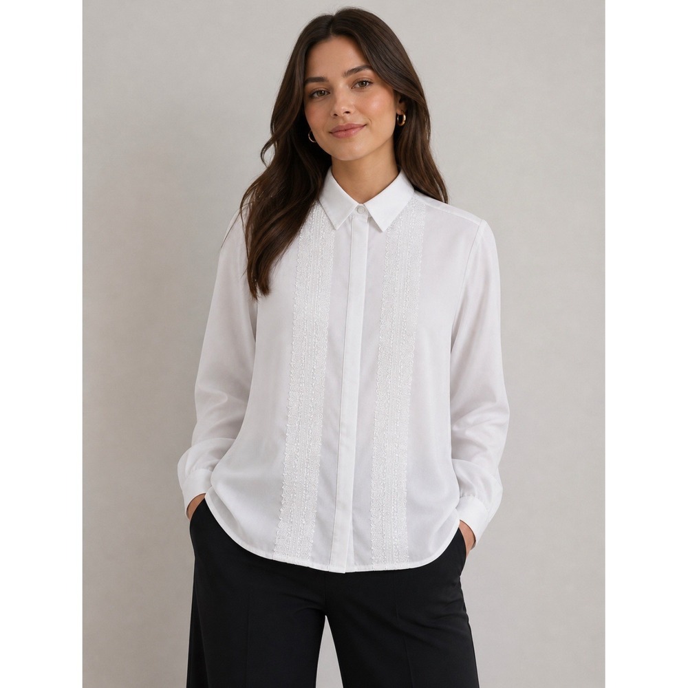 Yves St. Clair Size 12 Women's  Blouse White Pleated Front Collar Button Down